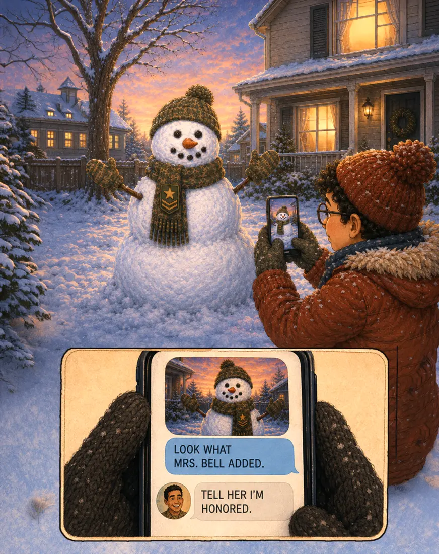 Lucas photographs the snowman and sends a message to his father