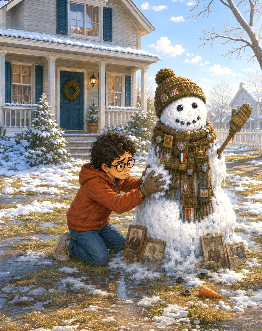 Lucas beside the community snowman decorated with photographs, ribbons, and medals